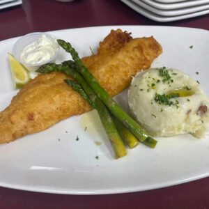 Fried fish, mashed potatoes and aspargus from Wissota Lodge and Event Center in Chippawa Falls Wisconsin