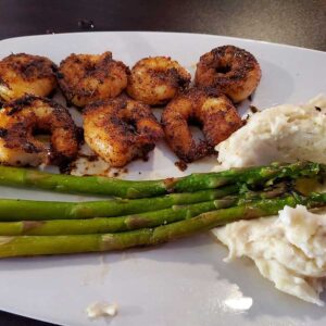 Grilled shrimp, mashed potatoes and aspargus from Wissota Lodge and Event Center in Chippawa Falls Wisconsin